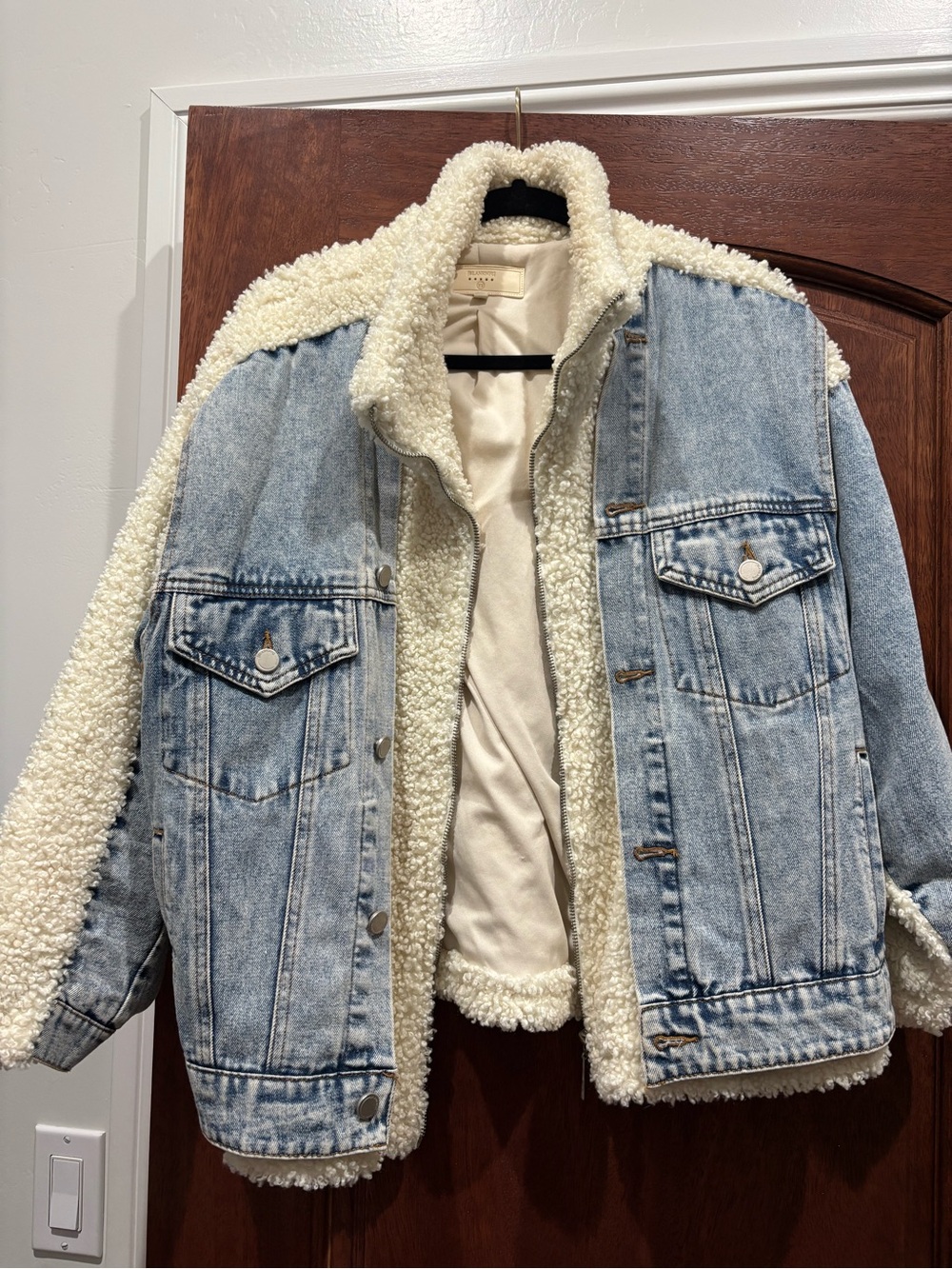 Blank NYC Light Blue Denim Sherpa-Lined Jacket with Cream Sherpa